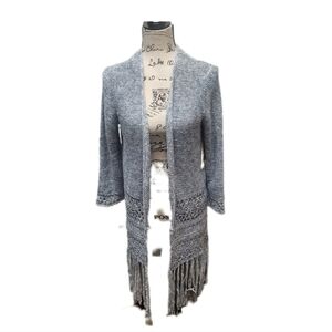 NWT REBA CROCHET KNIT LONG CARDIGAN ISLAND BREEZE CHAMBRAY TASSLE OPEN FRONT